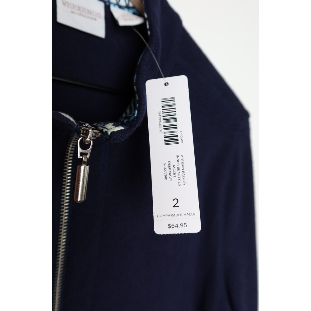 Women’s Weekends By Chico’s Size 2 (Large) Full Zip Artisan Paisley Jacket Navy - Picture 12 of 12